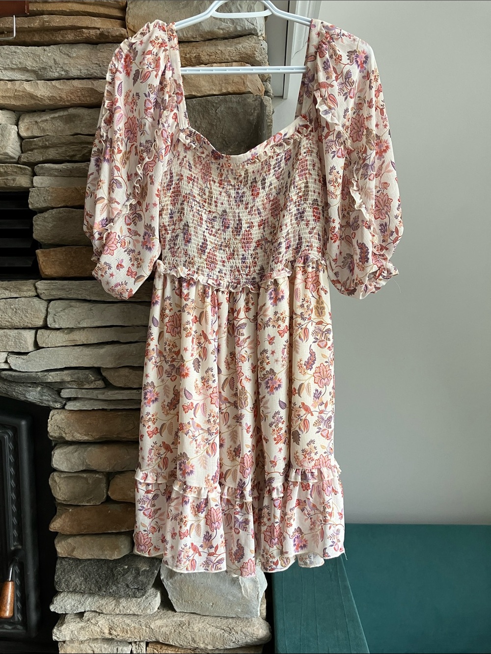 Floral Smocked Midi Dress in Cream and Pink